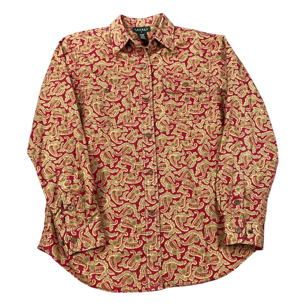 Ralph‎ Lauren Shirt Top Womens Small Red Paisley Chambray Roll Tab Long Sleeve